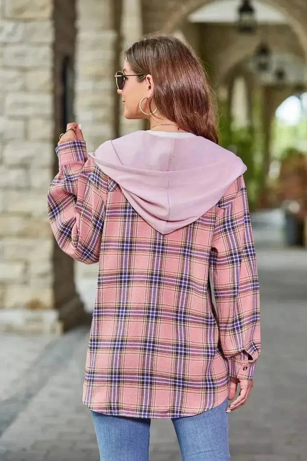 Plaid Long Sleeve Hooded Jacket - Bad Moms Club
