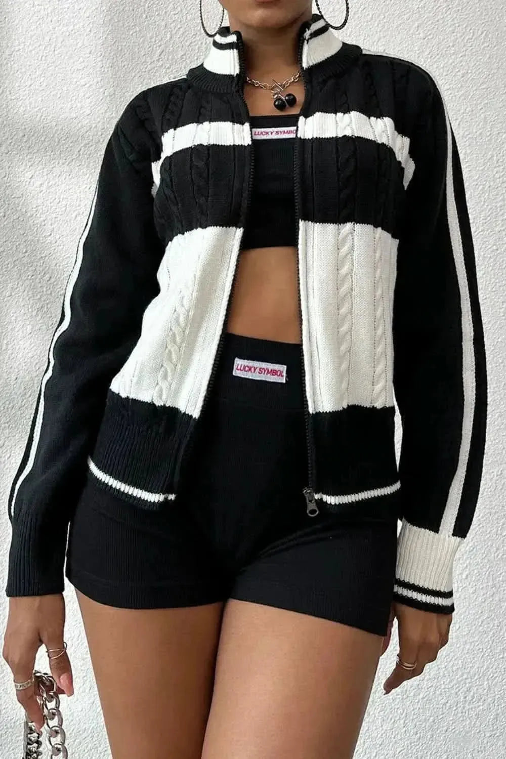 Cable-Knit Color Block Raglan Sleeve Cardigan - Bad Moms Club
