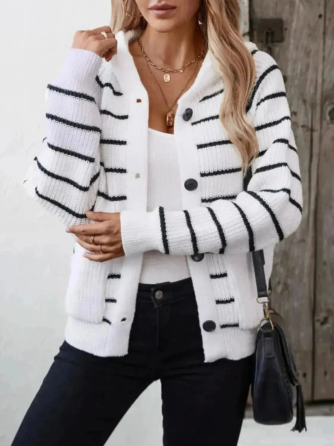 Striped Button Up Long Sleeve Hooded Cardigan - Bad Moms Club