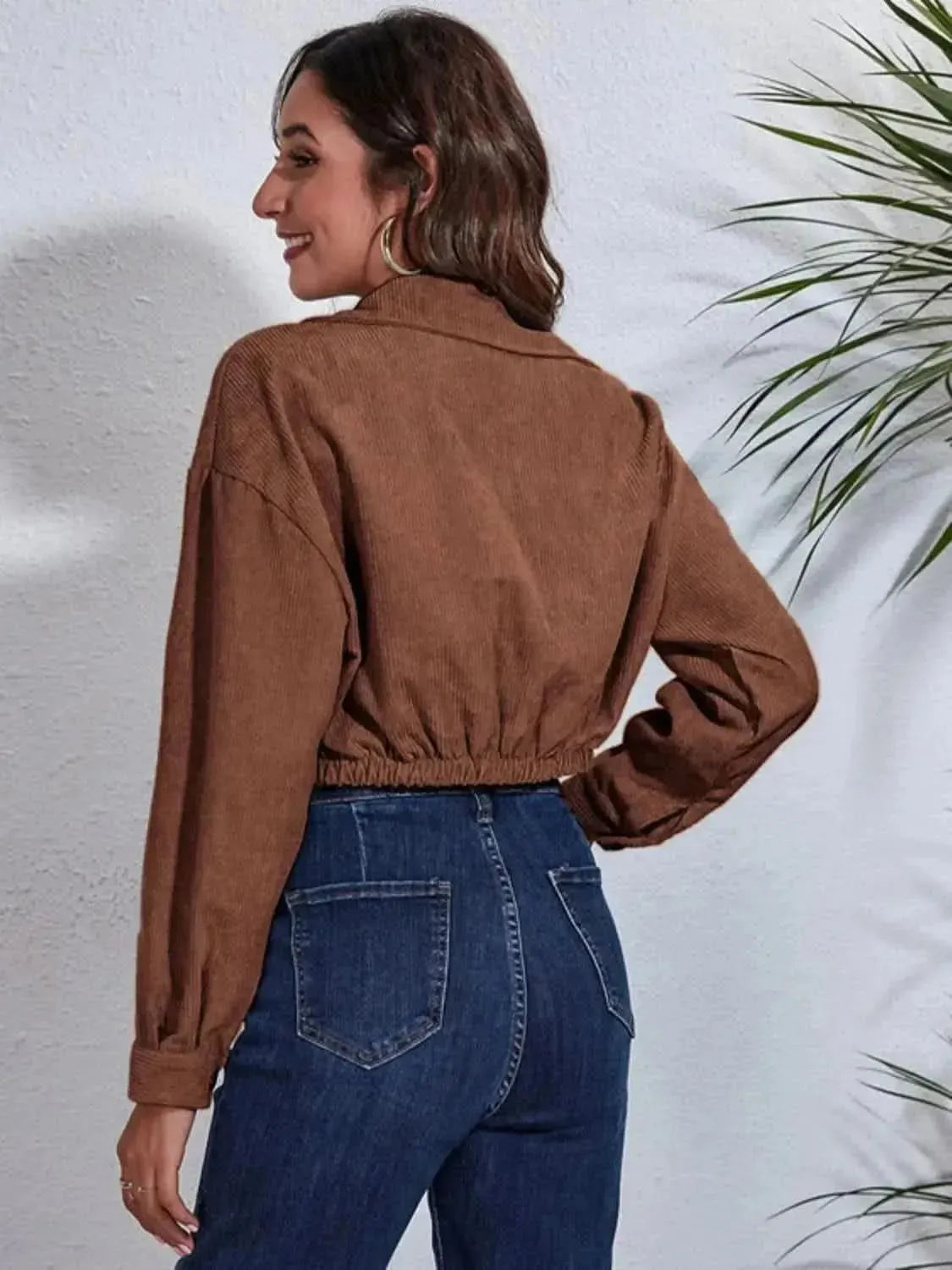 Collared Neck Dropped Shoulder Buttoned Jacket - Bad Moms Club