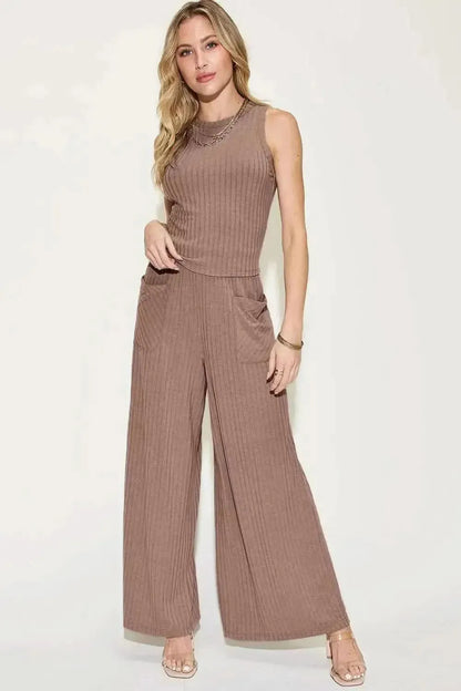 Basic Bae Full Size Ribbed Tank and Wide Leg Pants Set - Bad Moms Club
