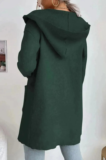 Ribbed Open Front Hooded Cardigan with Pockets - Bad Moms Club