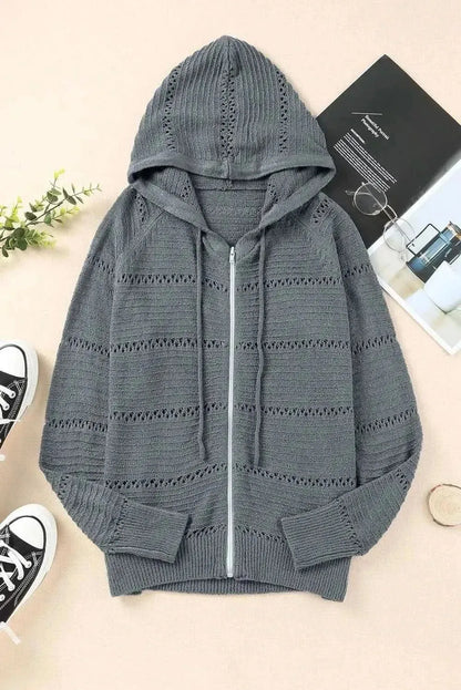 Zip-Up Raglan Sleeve Openwork Hooded Cardigan - Bad Moms Club