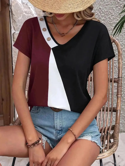 Ivy Lane Color Block Decorative Button V-Neck Tee - Bad Moms Club