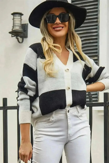 Plaid V-Neck Dropped Shoulder Cardigan - Bad Moms Club