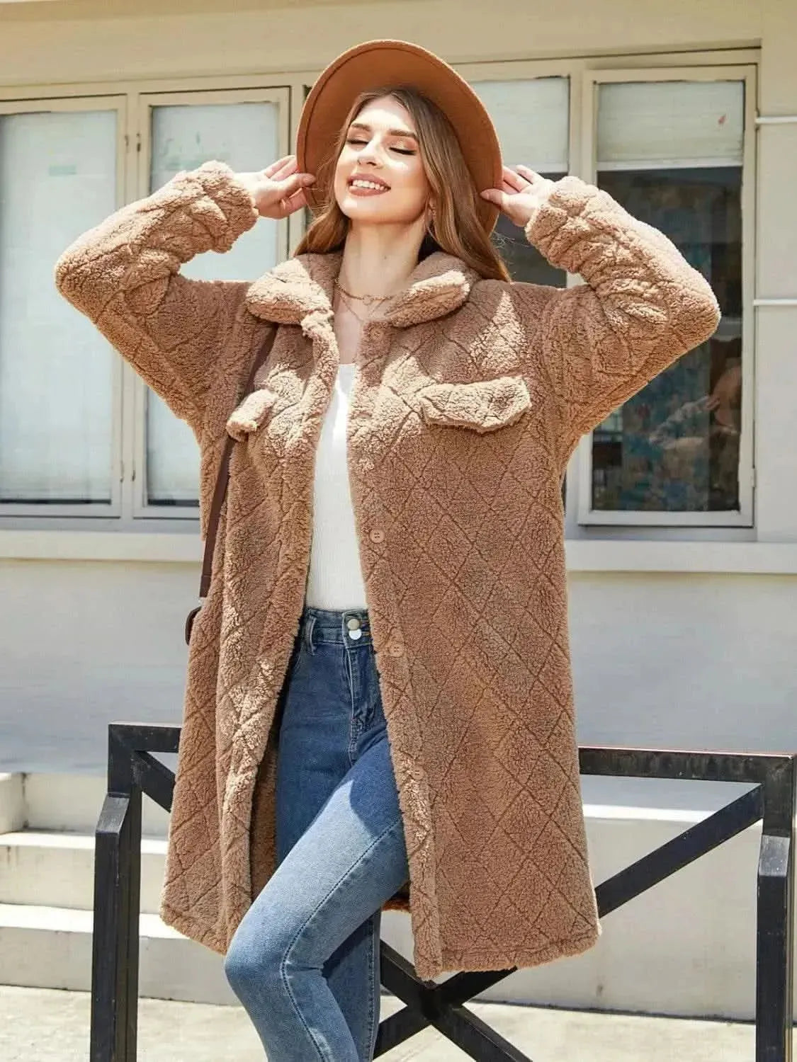 Texture Button Up Dropped Shoulder Coat - Bad Moms Club