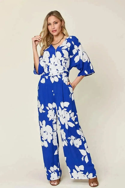 Double Take Full Size Printed Tie Back Wide Leg Jumpsuit - Bad Moms Club