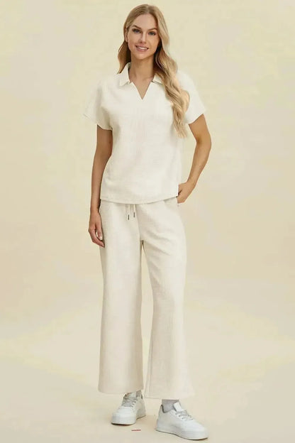 Double Take Full Size Collared Neck Short Sleeve Top and Pants Set - Bad Moms Club