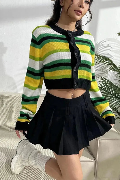Striped Button Up Contrast Cropped Cardigan - Bad Moms Club
