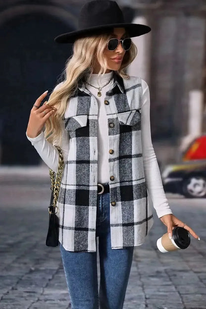 Plaid Button Up Vest Coat - Bad Moms Club