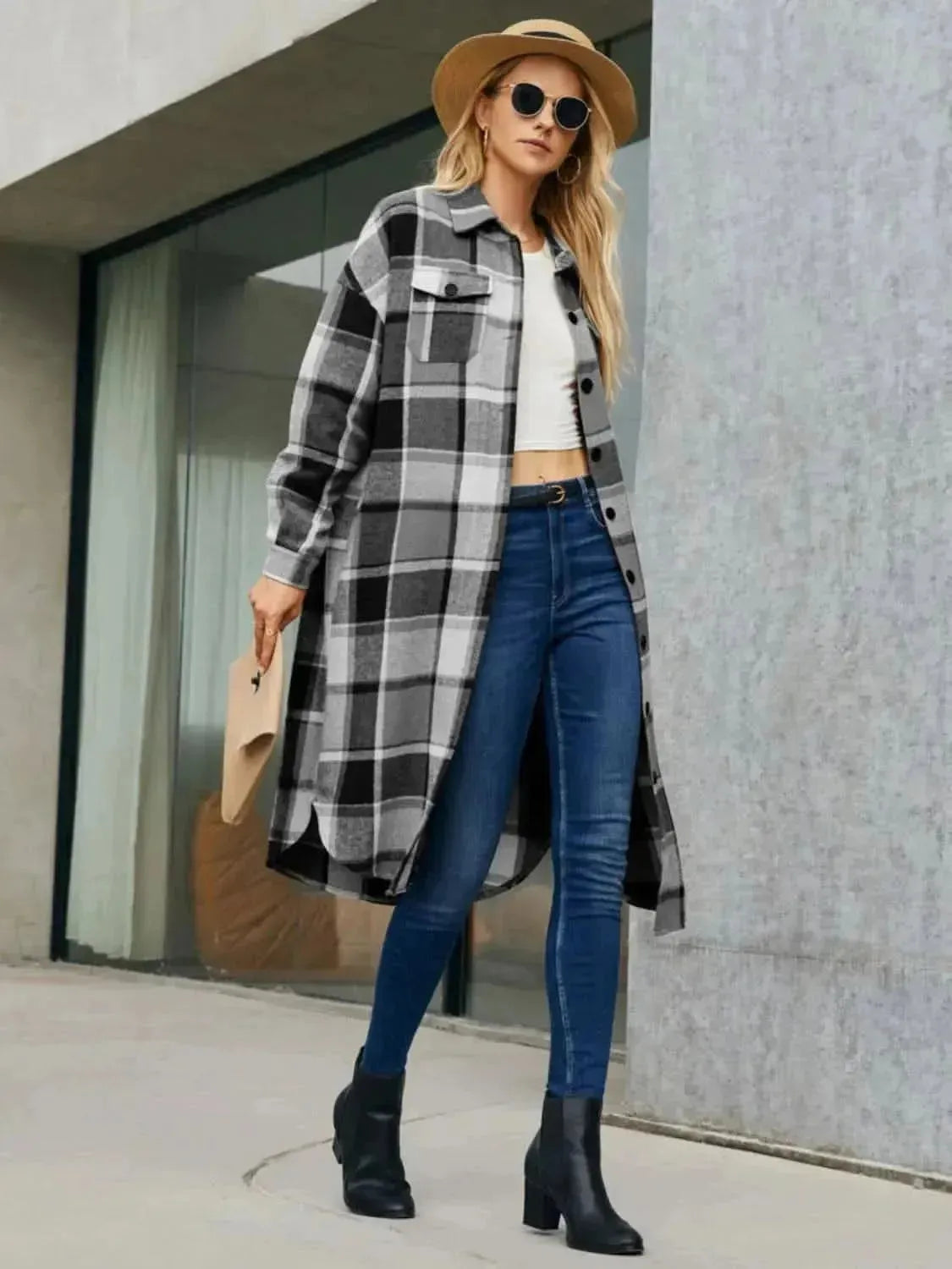 Plaid Pocketed Button Up Trench Coat - Bad Moms Club