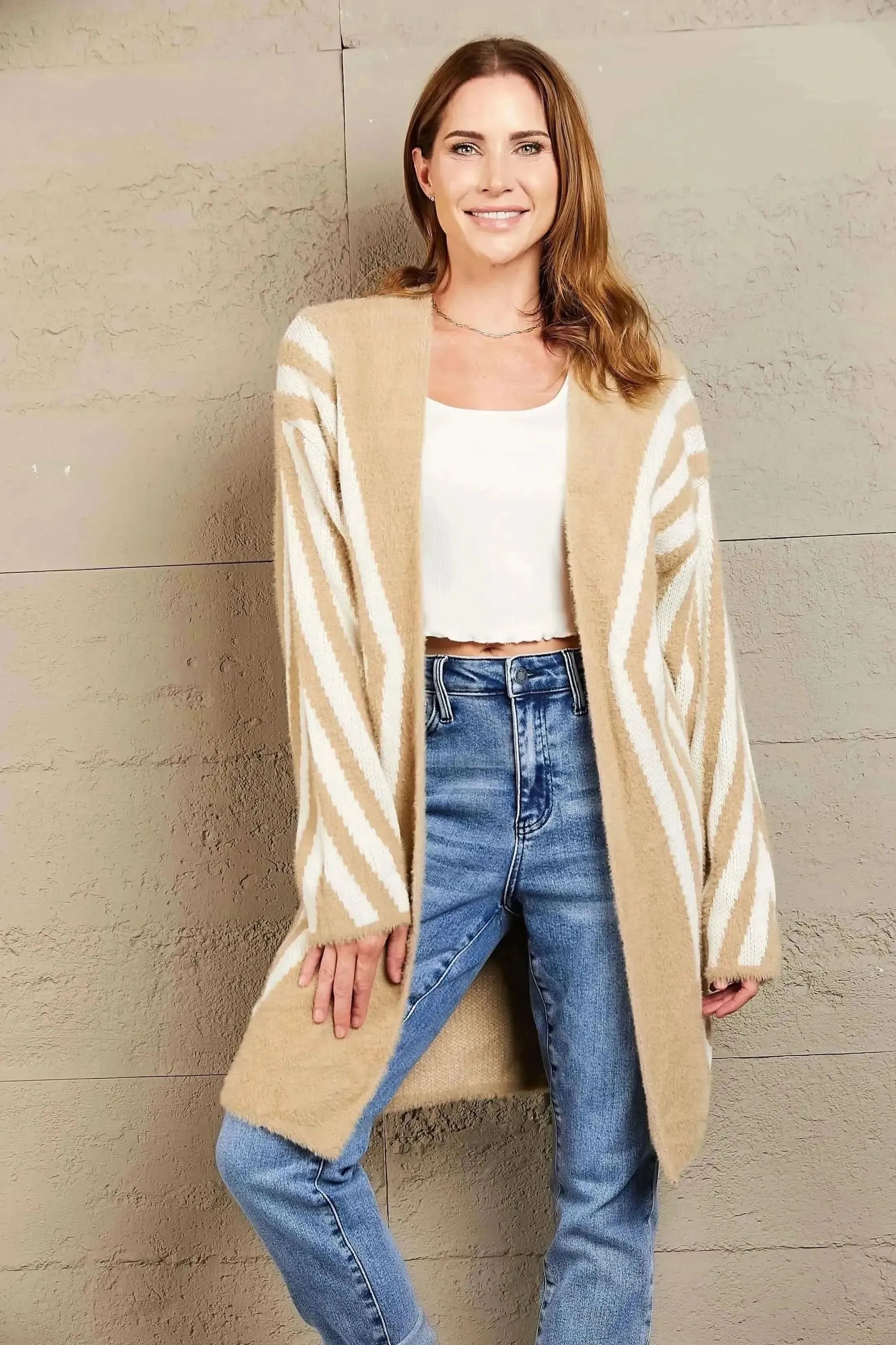 Woven Right Two-Tone Open Front Fuzzy Longline Cardigan - Bad Moms Club