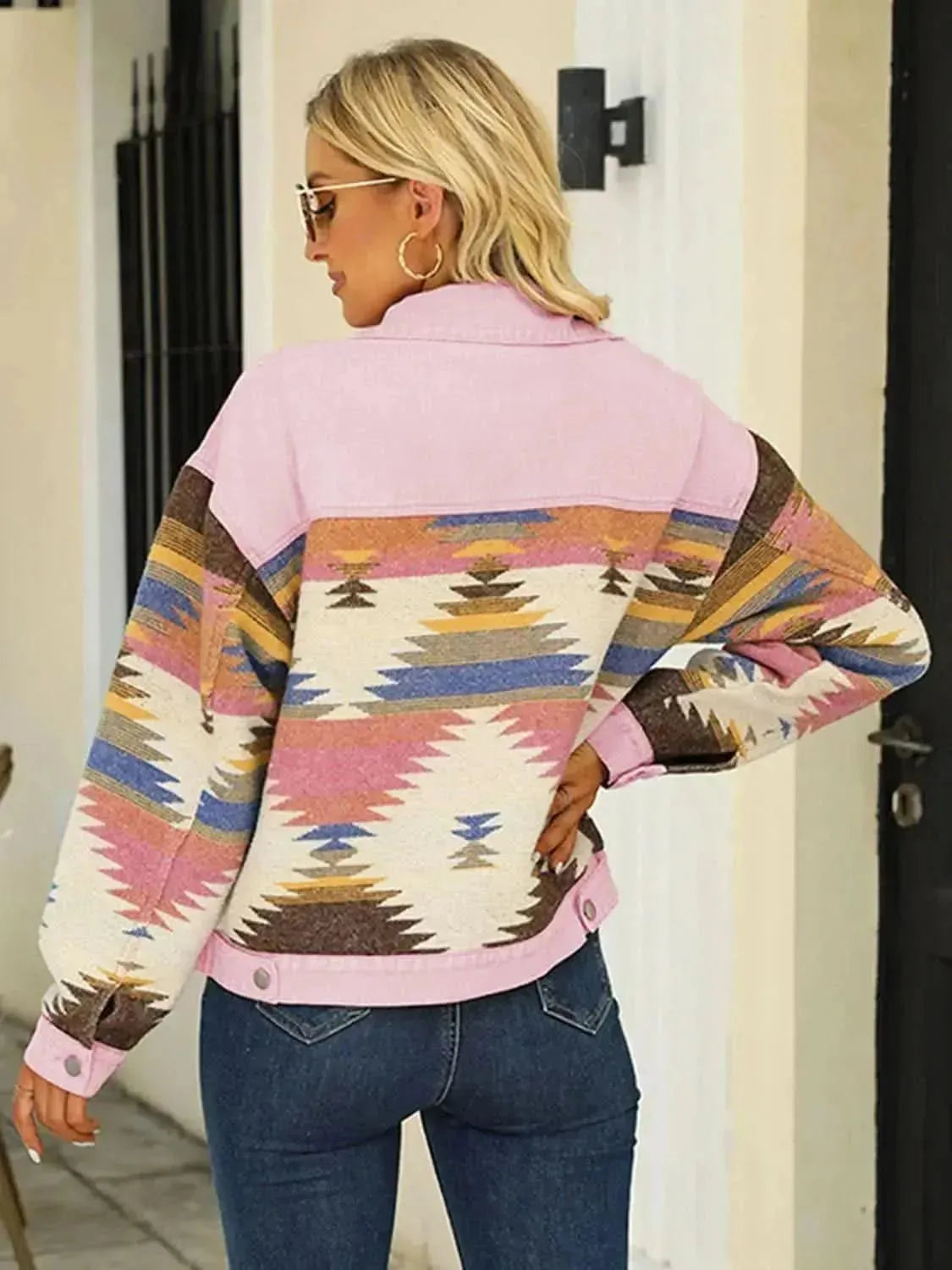 Printed Dropped Shoulder Long Sleeve Denim Jacket - Bad Moms Club