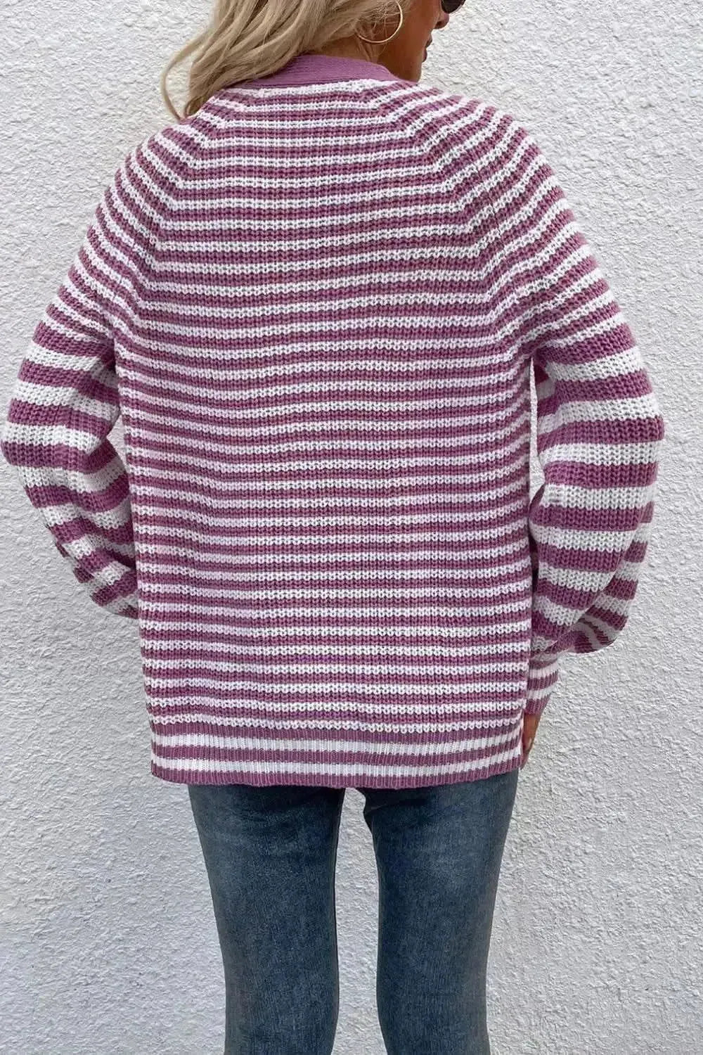 Striped V-Neck Button-Down Cardigan - Bad Moms Club