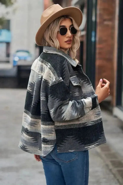Printed Collared Neck Jacket - Bad Moms Club