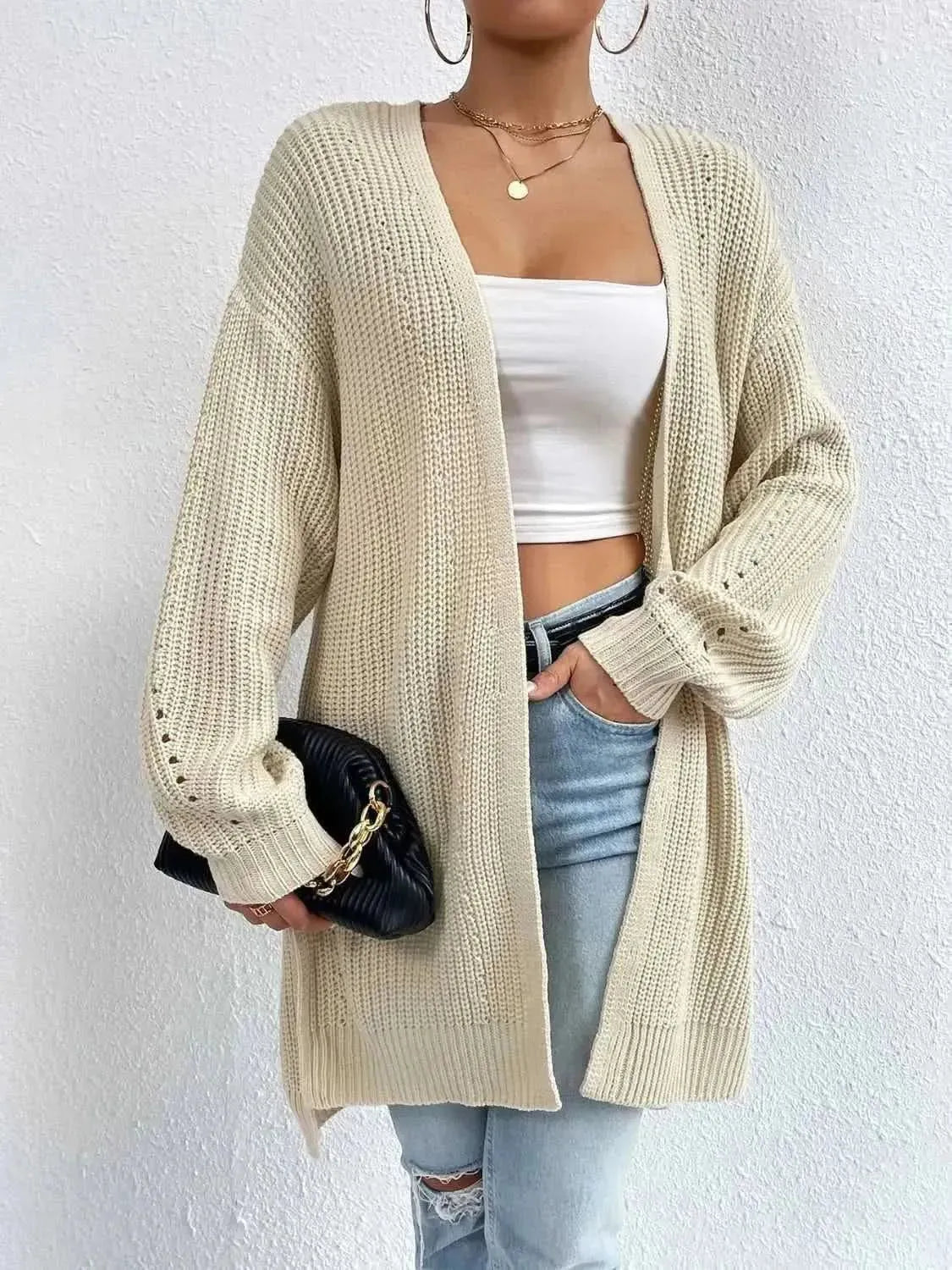 Open Front Dropped Shoulder Slit Cardigan - Bad Moms Club