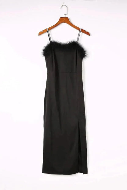 Slit Plush Trim Spaghetti Strap Dress - Bad Moms Club