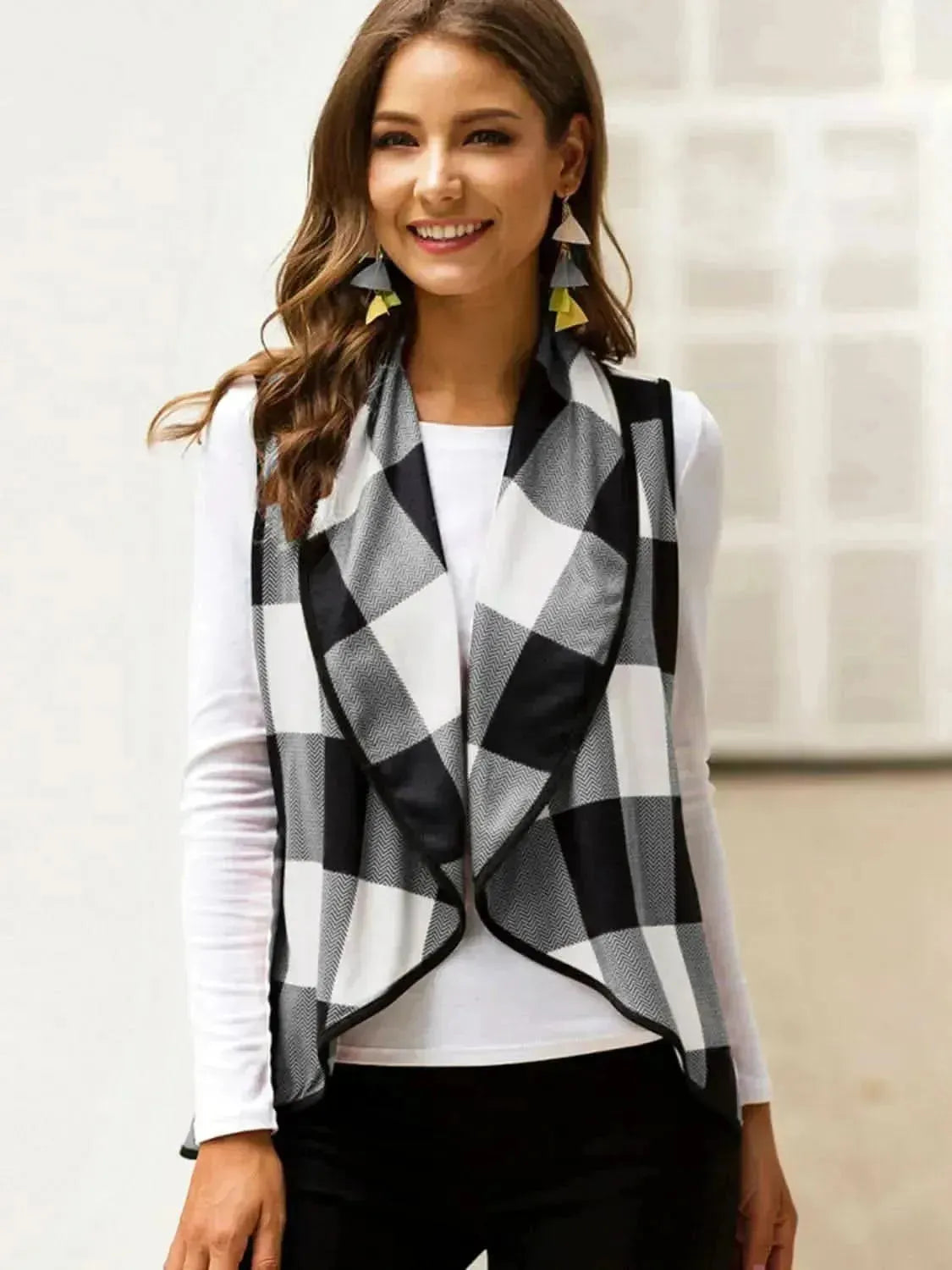 Plaid Open Front Sleeveless Cardigan - Bad Moms Club