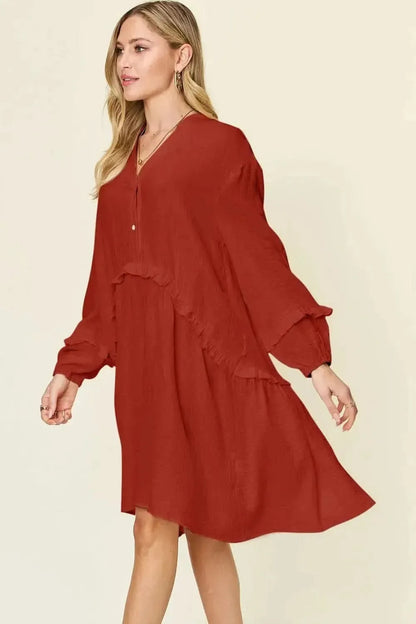 Double Take Full Size Texture Half Button Ruffle Trim Dress - Bad Moms Club