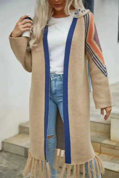 Geometric Fringe Hem Open Front Duster Cardigan - Bad Moms Club