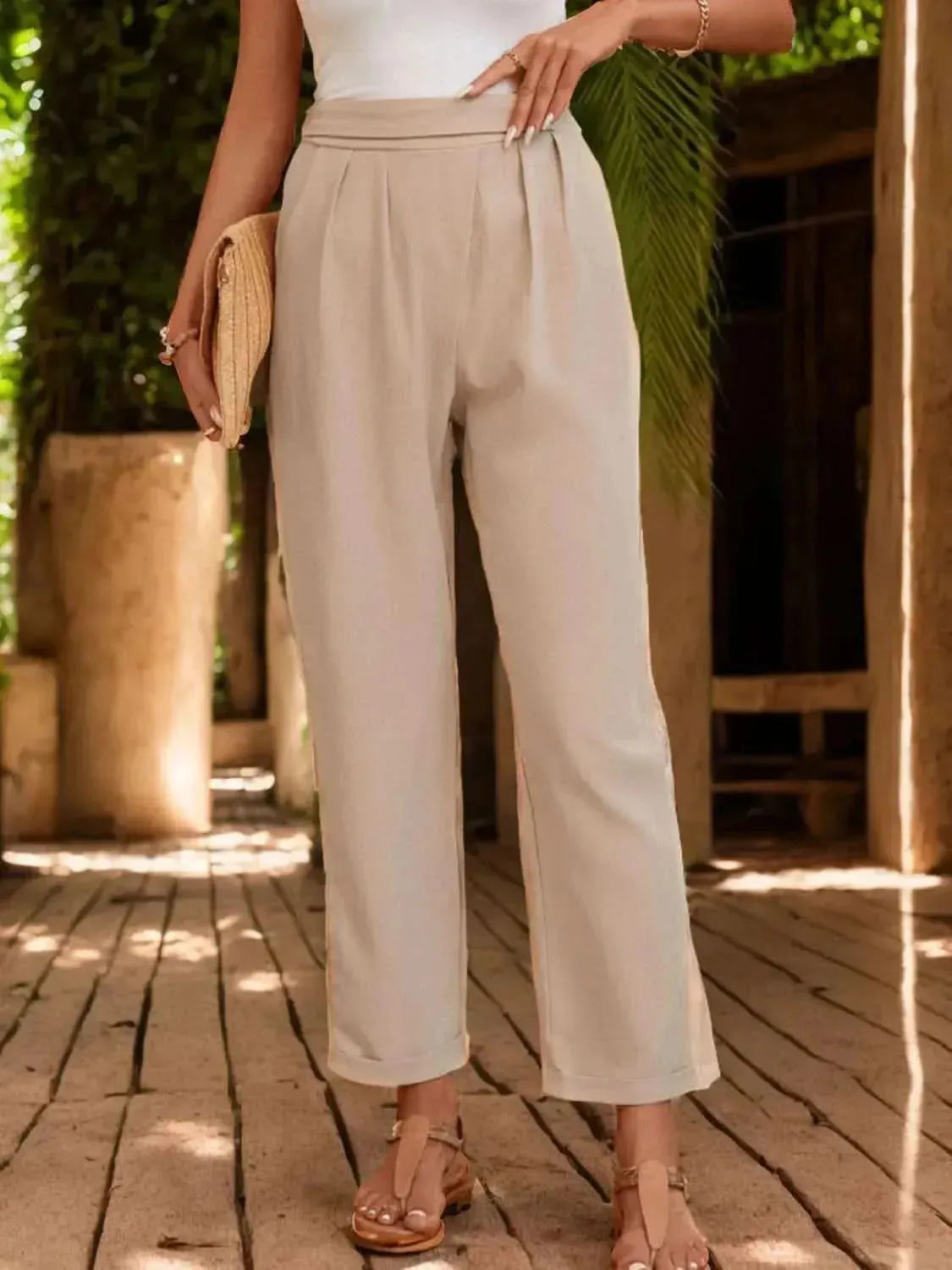 Perfee Ruched Half Elastic Waist Pants - Bad Moms Club