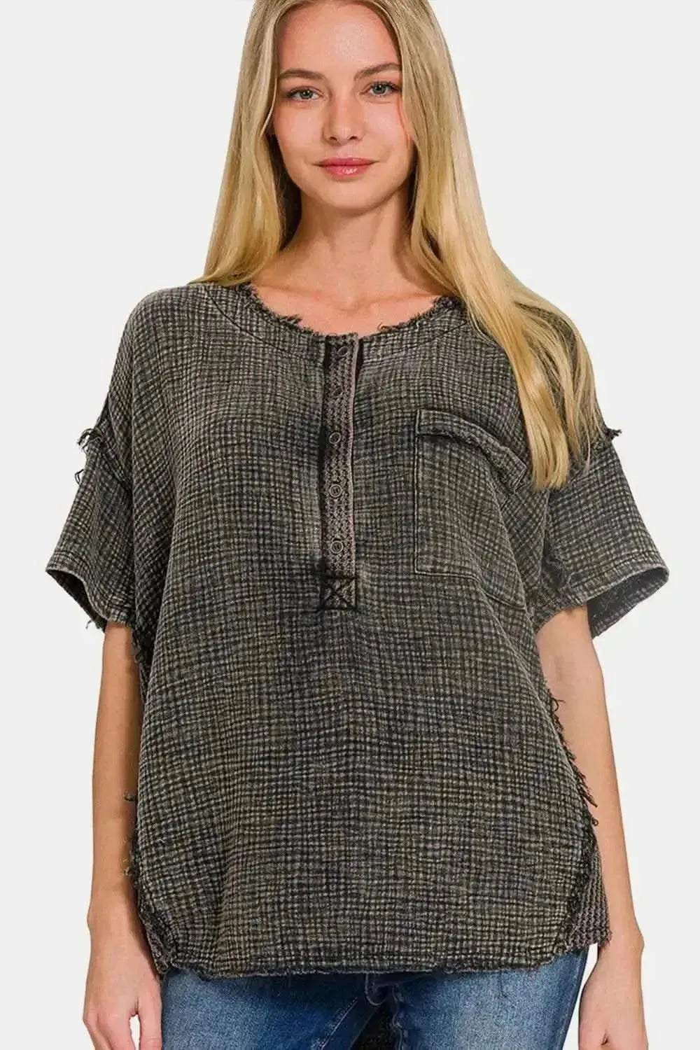 Zenana Washed Texture Half Button T-Shirt - Bad Moms Club