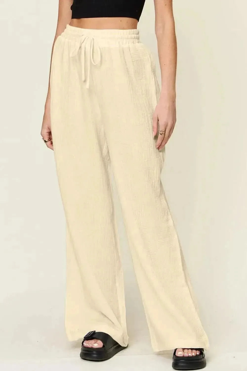 Double Take Full Size Texture Drawstring Wide Leg Pants - Bad Moms Club