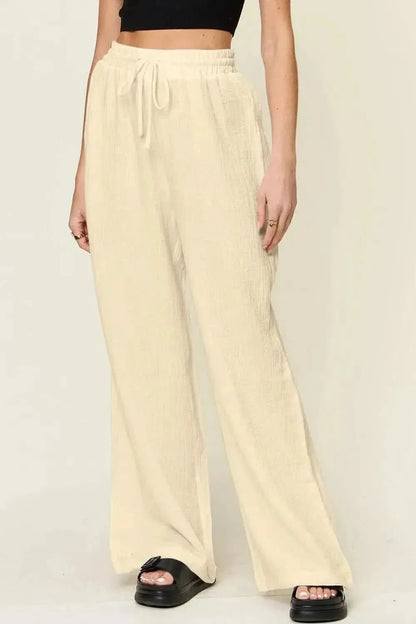 Double Take Full Size Texture Drawstring Wide Leg Pants - Bad Moms Club
