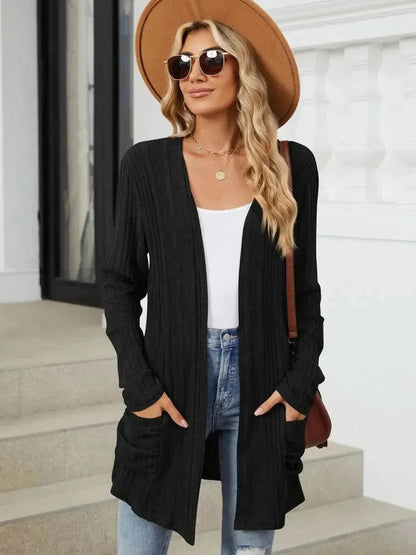 Pocketed Open Front Long Sleeve Cardigan - Bad Moms Club