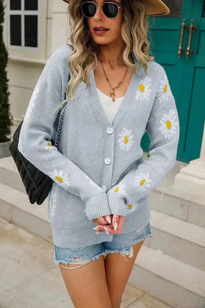 Daisy Pattern Button Front Cardigan - Bad Moms Club