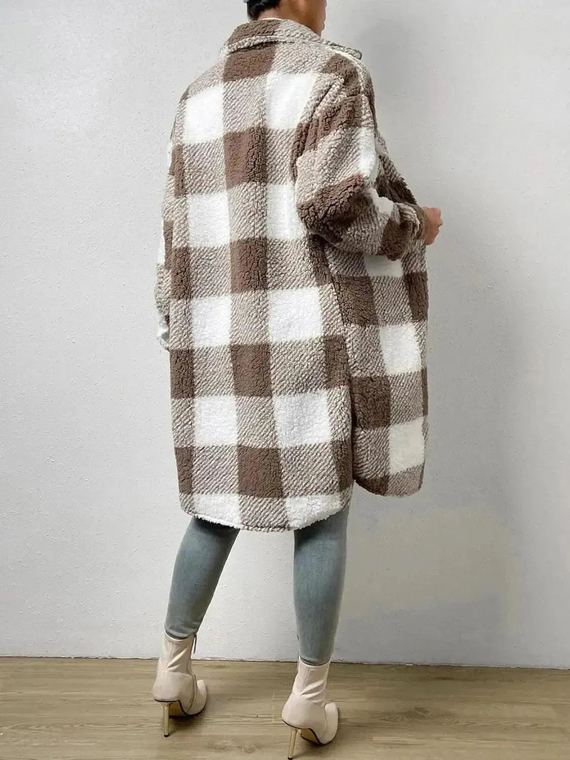 Plaid Collared Neck Button Down Coat - Bad Moms Club