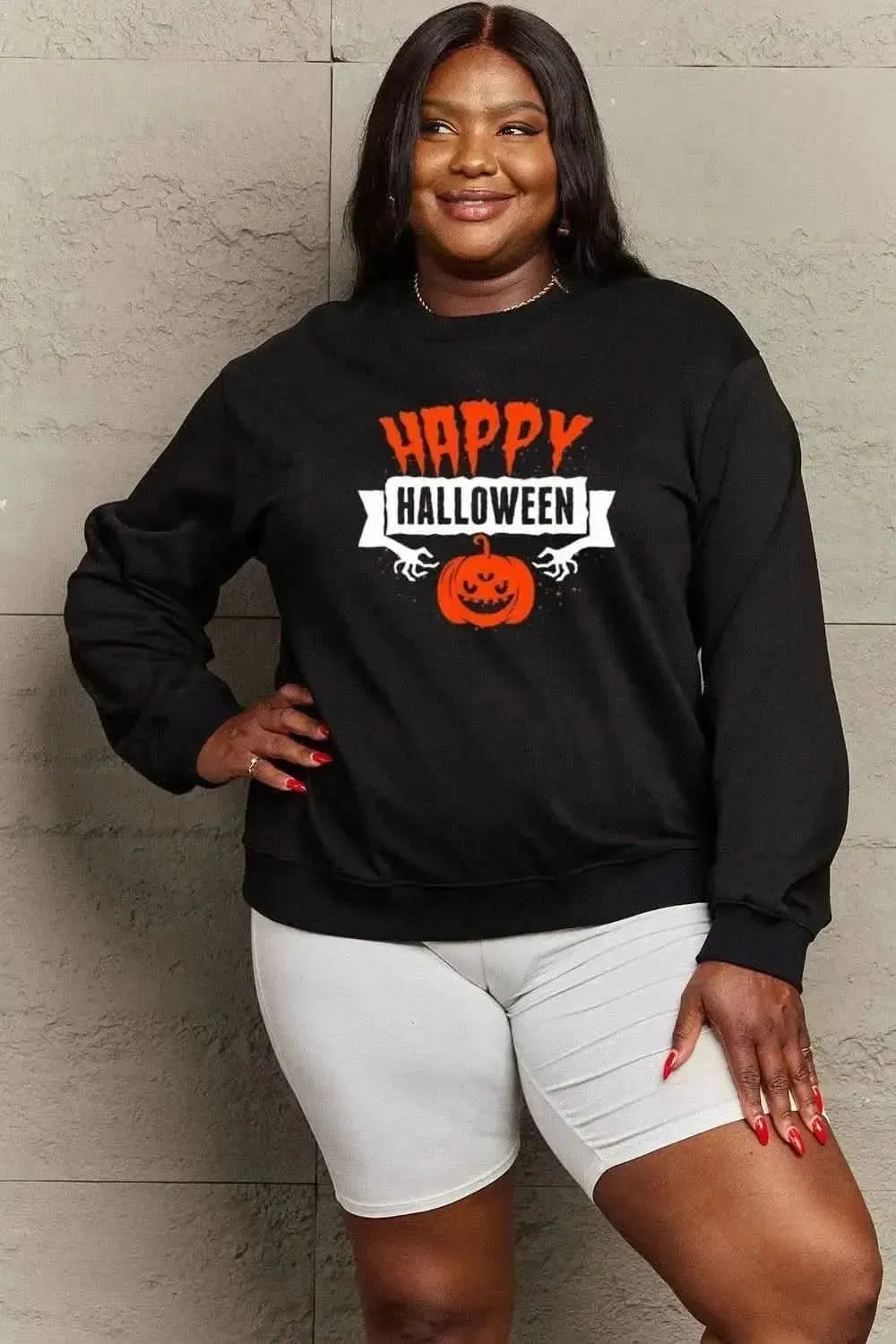 Simply Love Full Size HAPPY HALLOWEEN Graphic Sweatshirt - Bad Moms Club