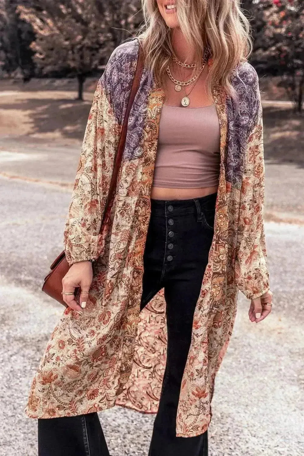 Floral Tassel Tied Open Front Long Sleeve Cardigan - Bad Moms Club
