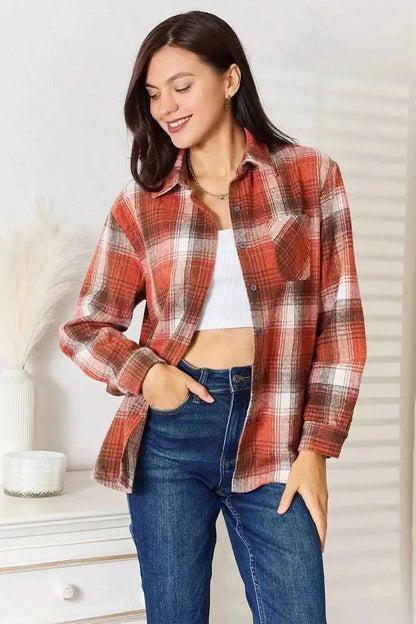 Plaid Collared Neck Long Sleeve Shirt - Bad Moms Club