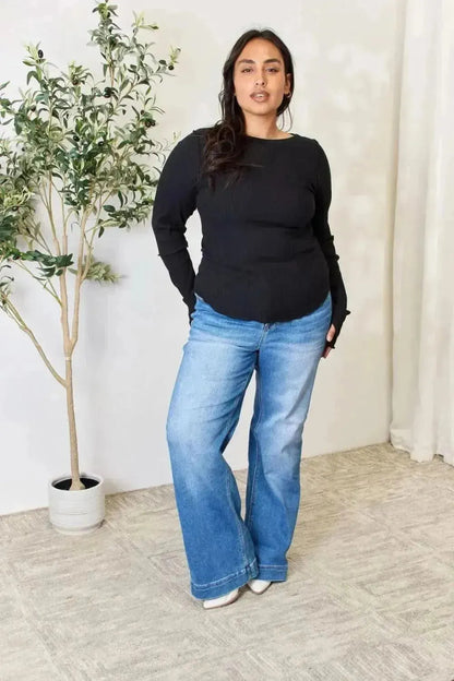 Culture Code Full Size Ribbed Round Neck Long Sleeve Top - Bad Moms Club