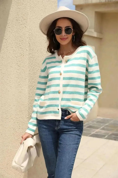 Striped Round Neck Button-Down Dropped Shoulder Cardigan - Bad Moms Club