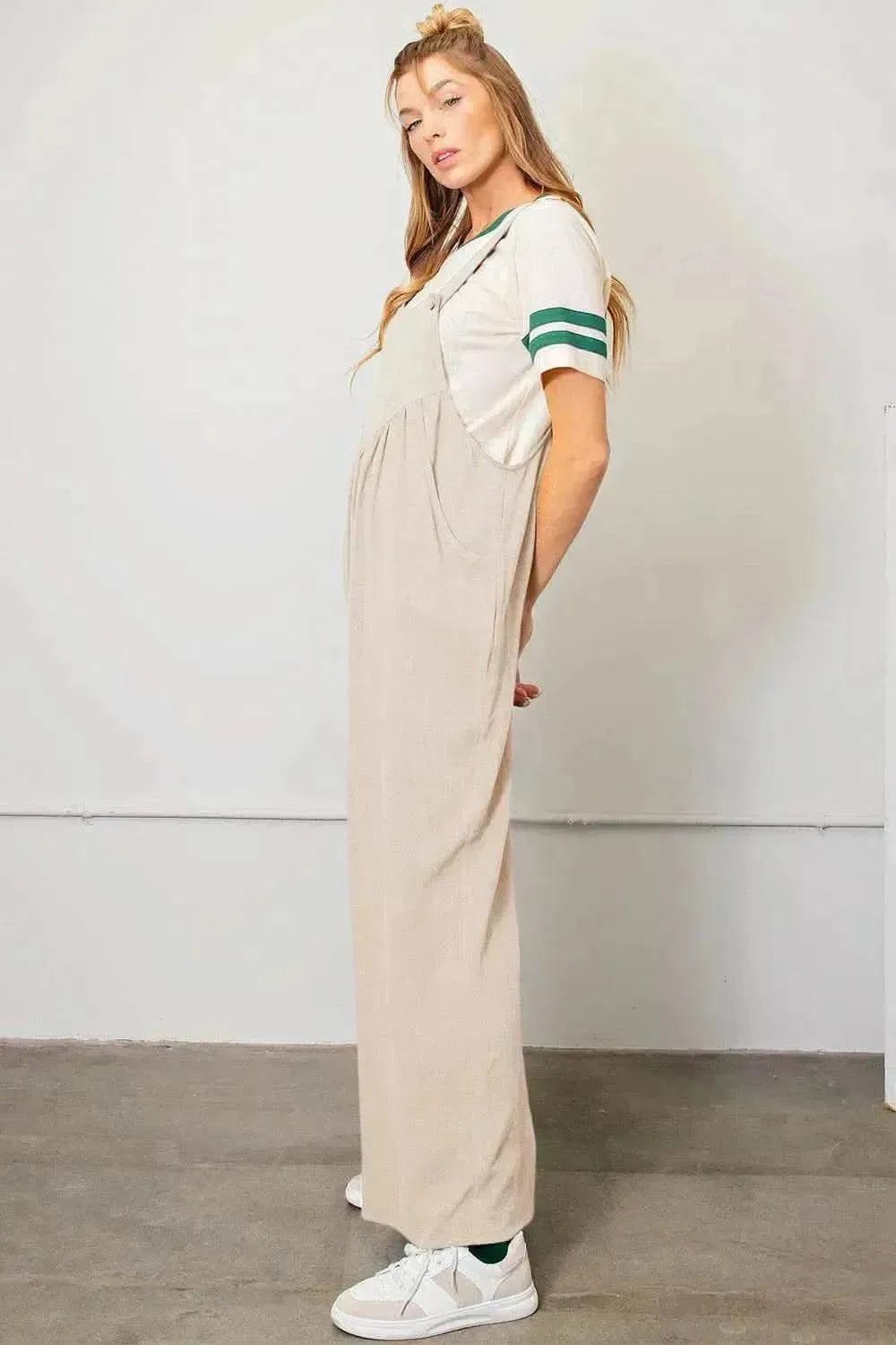 Kori America Sleeveless Ruched Wide Leg Overalls - Bad Moms Club