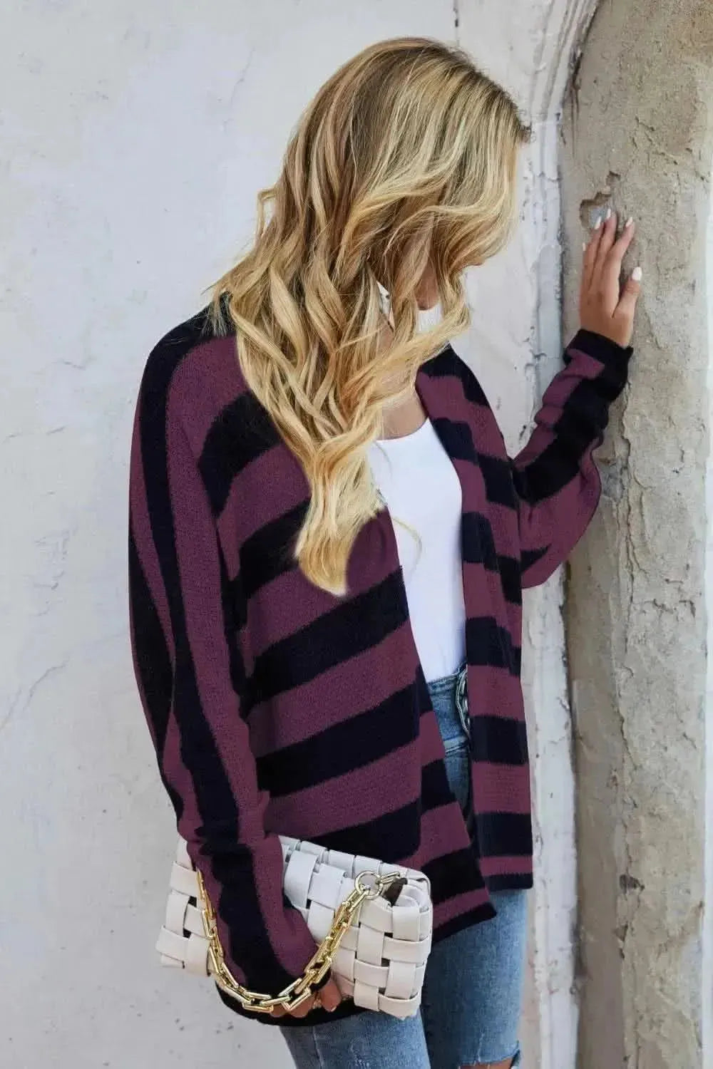 Striped Dolman Sleeve Open Front Cardigan - Bad Moms Club