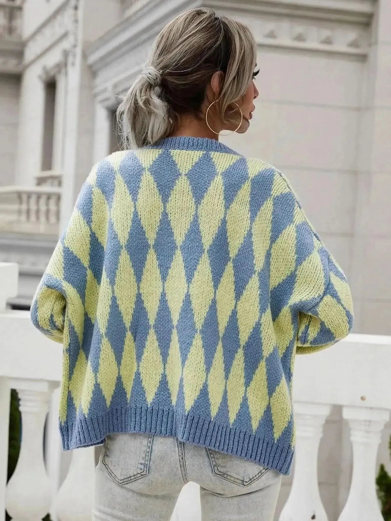 Woven Right Argyle Button Front Drop Shoulder Cardigan - Bad Moms Club