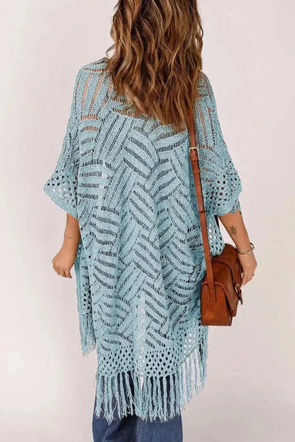 Openwork Open Front Cardigan with Fringes - Bad Moms Club