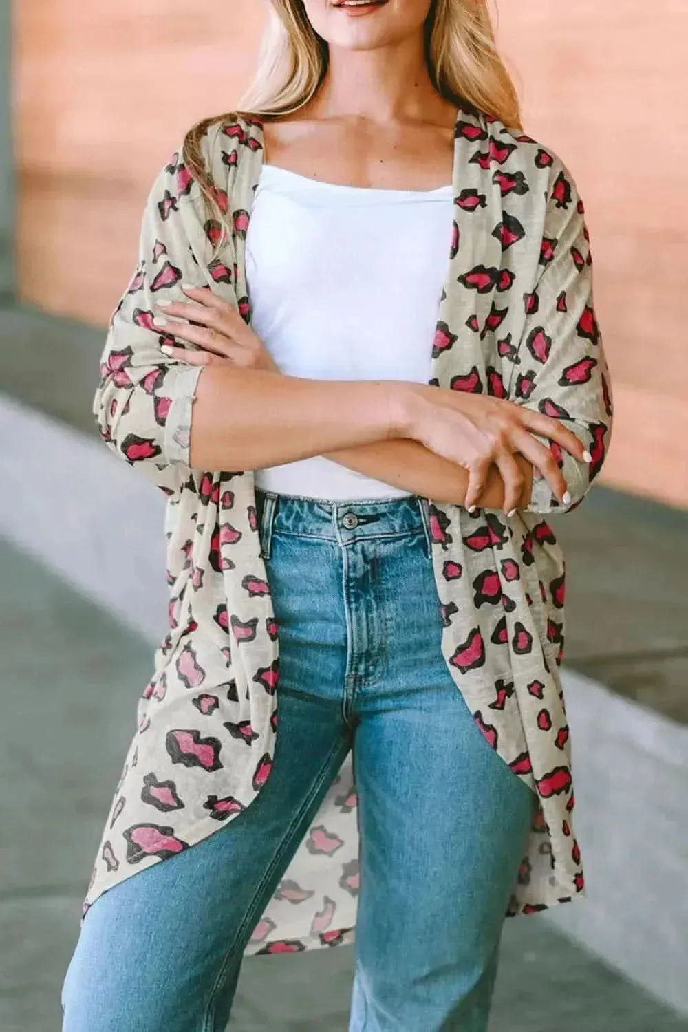 Printed Open Front Half Sleeve Cardigan - Bad Moms Club