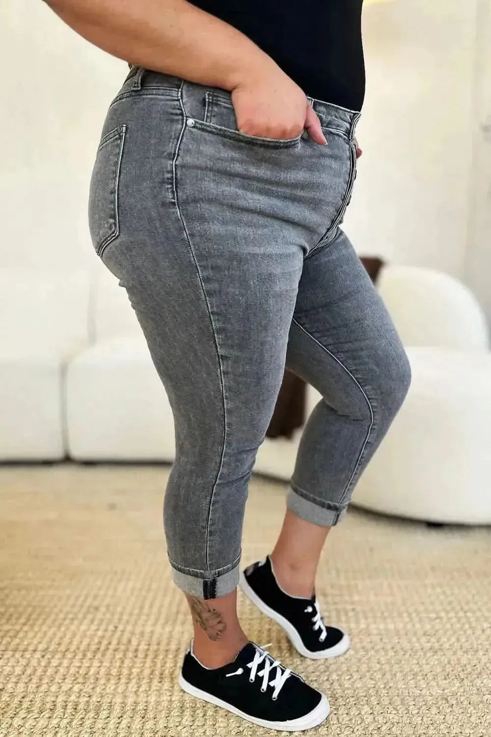 Judy Blue Full Size Button Fly High Waist Cuffed Capris - Bad Moms Club