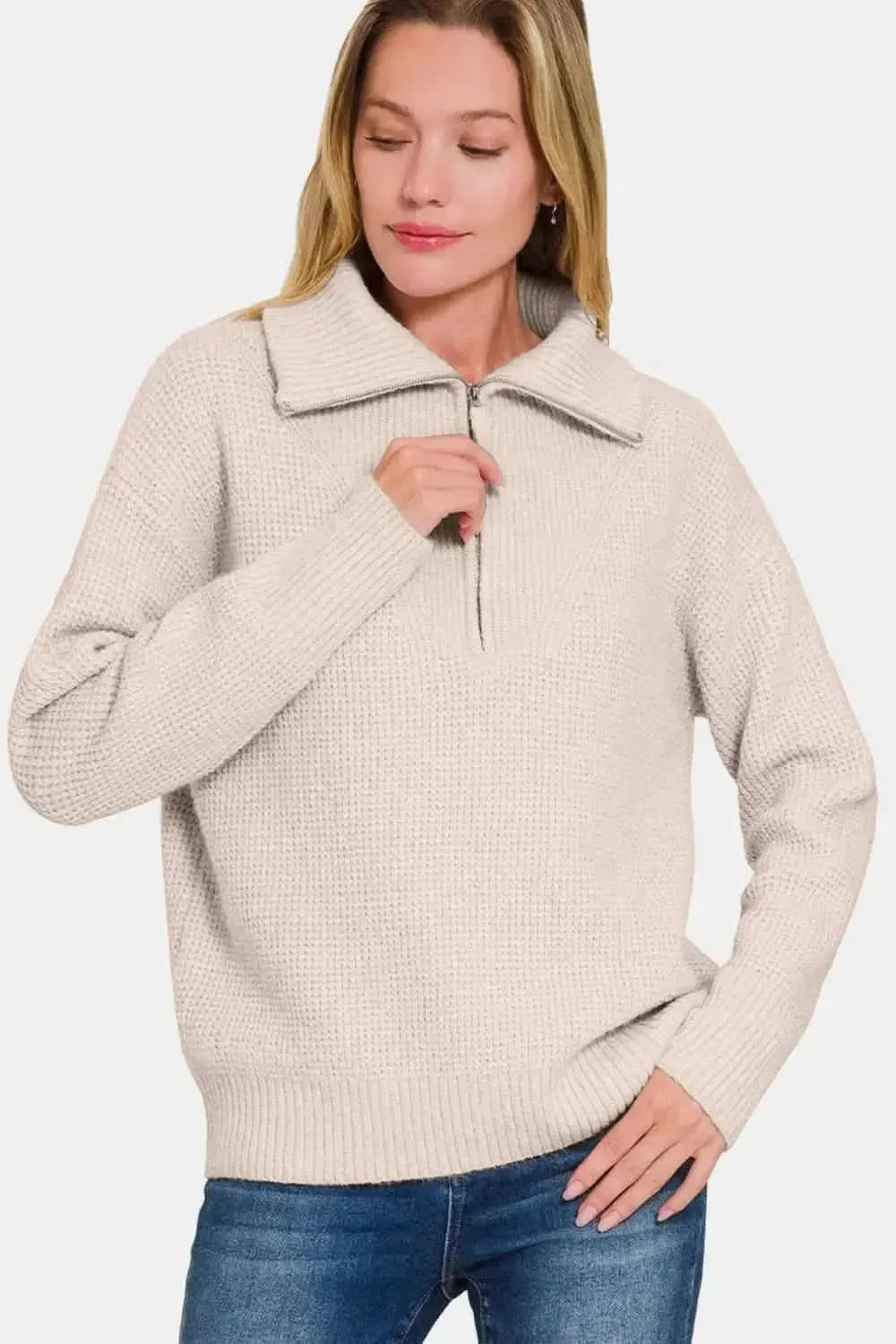 Zenana Half Zip Long Sleeve Sweater - Bad Moms Club