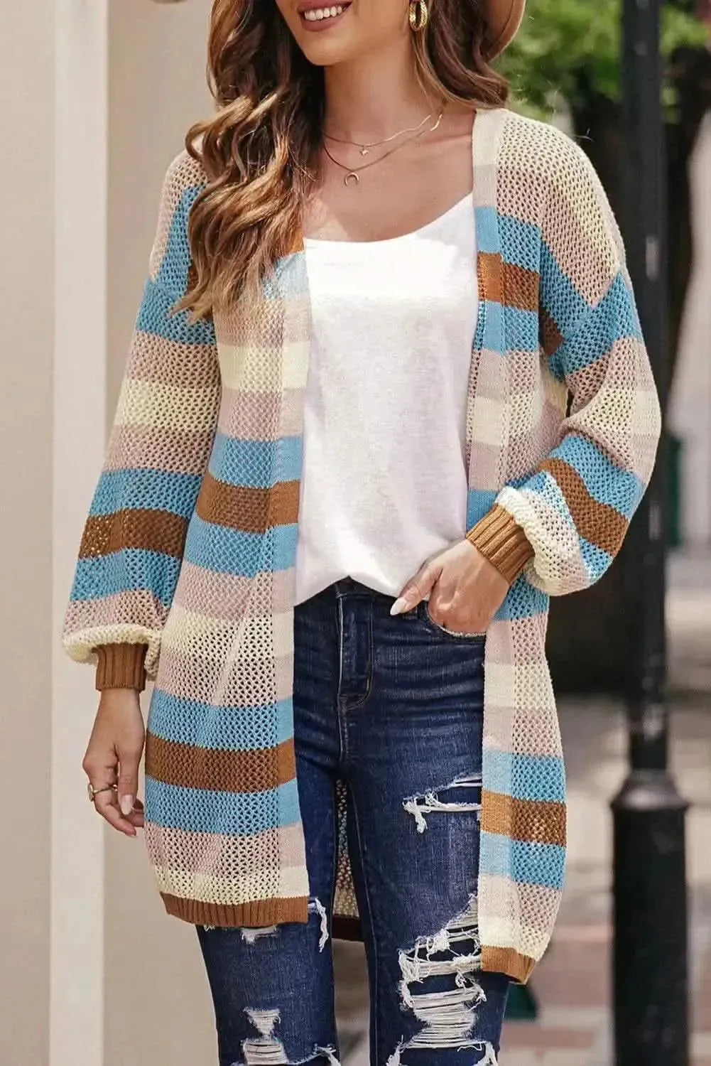 Full Size Striped Long Sleeve Openwork Cardigan - Bad Moms Club