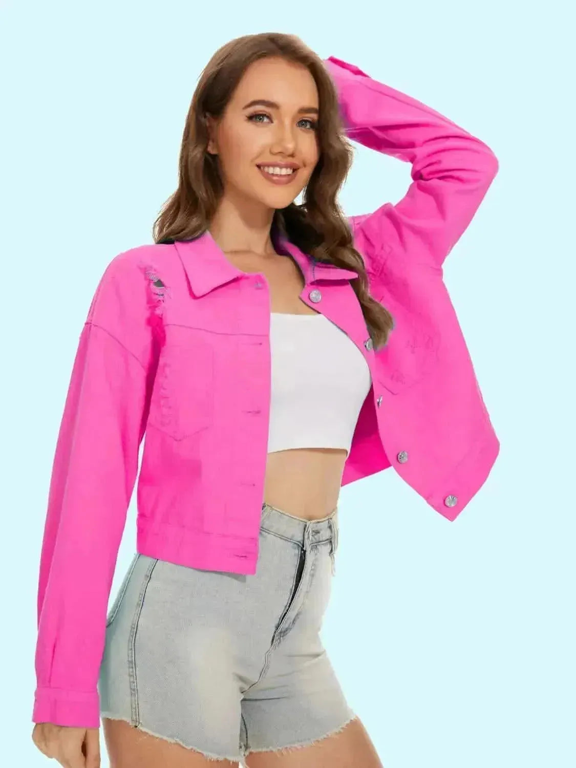 Distressed Distressed Button Up Denim Jacket - Bad Moms Club