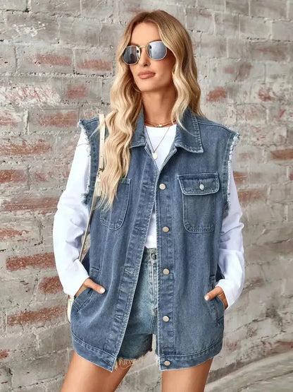Raw Hem Sleeveless Button Up Denim Jacket - Bad Moms Club