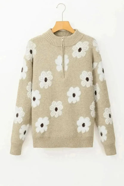 Flower Half Zip Long Sleeve Sweater - Bad Moms Club