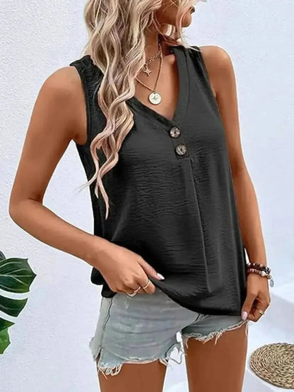 Full Size Decorative Button V-Neck Tank - Bad Moms Club