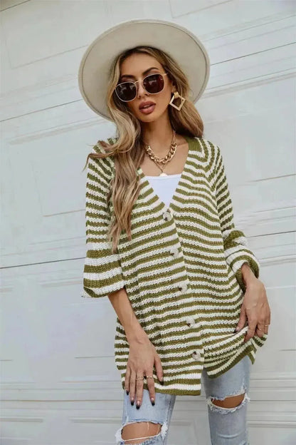 Striped Button Up Long Sleeve Cardigan - Bad Moms Club