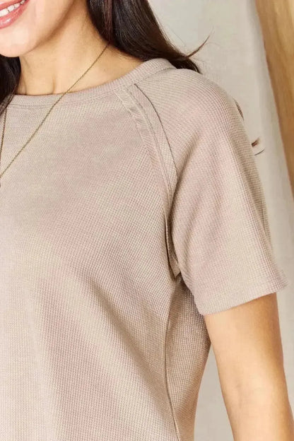 Zenana Baby Waffle Short Sleeve Slit High-Low T-Shirt - Bad Moms Club